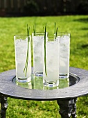 Cocktails with blades of grass on table out of doors