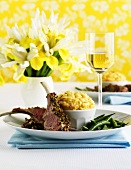 Lamb chops with cheese soufflé and beans
