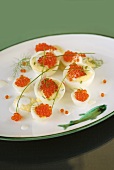 Eggs stuffed with trout mousse and keta caviar