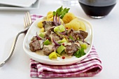 Diced beef with leeks and gnocchi