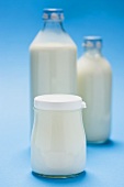 Natural yoghurt in jar, bottles of milk in background