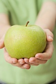Child holding Granny Smith apple with drops of water