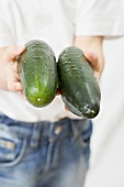 Child holding two cucumbers