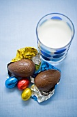 Chocolate Easter eggs and glass of milk