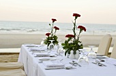 Laid table with red carnations on beach
