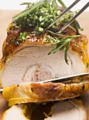 Stuffed breast of veal, partially carved (close-up)