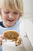 Boy taking chocolate chip cookie out of biscuit tin