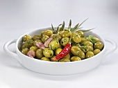 Marinated green olives with herbs, garlic and chilli