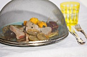 Tuna steak with grilled vegetables under fly cover