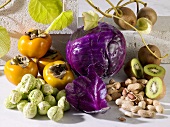 Brussels sprouts, red cabbage, persimmons, kiwi fruit and nuts