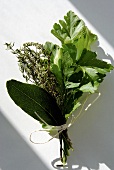 A small bunch of herbs, bay leaf, lovage and thyme