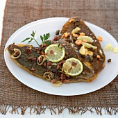 Fried plaice with lemon and leek