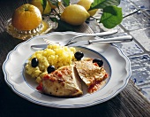 Lemon chicken with olives and saffron rice