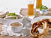 Weisswurst (White sausages) with mustard, pretzels and wheat beer