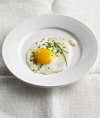 Plate with fried egg and chives on a linen tablecloth