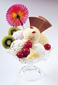 Mixed ice cream with fruit and wafers