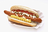 Hot dog with mustard, relish and ketchup