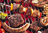 Meat, sausages and kebab on barbecue