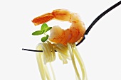 Spaghetti and prawn on fork, close-up