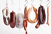 Sausages hanging on hooks
