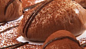 Mousse au chocolat with chocolate sauce and cocoa powder