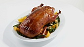 Roast duck with broccoli and oranges