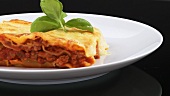 A portion of lasagne with basil on a plate