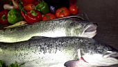 Salmon and fresh vegetables in a restaurant kitchen, Sweden