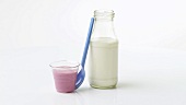 Kirschjoghurt im Becher, Löffel und eine Flasche Milch