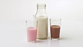 Strawberry milk, chocolate milk, vanilla milk and milk