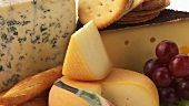 Various cheeses with savoury biscuits and grapes