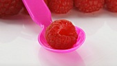 Raspberries, one on plastic spoon