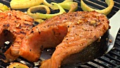 Salmon steaks on a barbecue