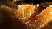 Cutting a piece of honeycomb with honey