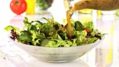 Putting dressing on mixed salad leaves