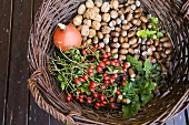 Nuts, rose hips and pumpkin in basket (autumn)