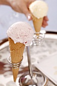 Strawberry ice cream and Vanilla ice cream in ice cream cones