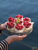 Hands serving tray of raspberry desserts