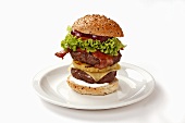 Double-decker burger with bacon and pineapple