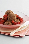 Chocolate ice cream with raspberries
