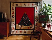 Tapestry fabric with Christmas tree hanging on wall