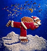 Gingerbread in the form of Santa Claus skating on snow