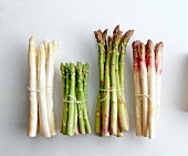 Bundle of green, purple and white asparagus on white background