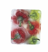 Rote und grüne Paprika in EisblockQuader eingefroren