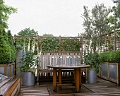 Holztisch + viele Pflanzen auf der Dachterrasse
