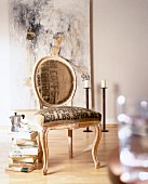 Baroque chair upholstered in coffee sack printed with letters