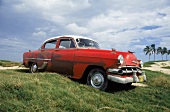 Rotlackierter Chevy von 1956 auf e. Strandparkplatz neben Palmen