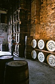 Man standing in front of oak barrel, Kilbeggan Distillery, Ireland