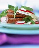 Salat von jungem Spinat, Kohlrabi, Entenbrustscheiben und Radieschen