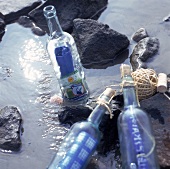 Drei Flaschen im Wasser,umgeben von Steinen,Flaschen mit Nachrichten